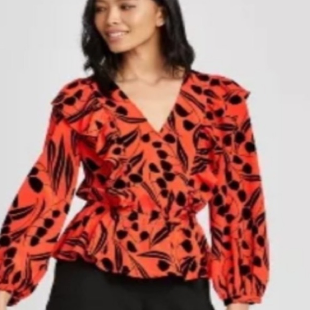Vibrant orange print blouse top v neck ruffles